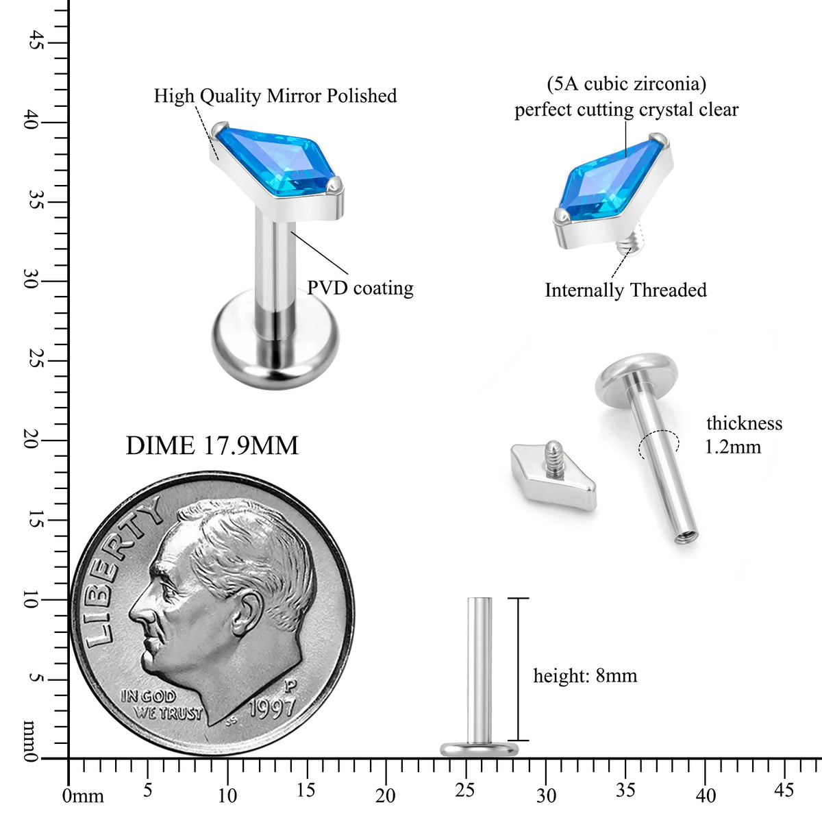 Diamanten ashley piercing met een vliegervorm steenheldere ashley piercing titanium lippiercing