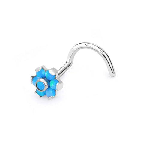 Opal nose ring corkscrew with white pink blue opal flower nose stud 20G titanium