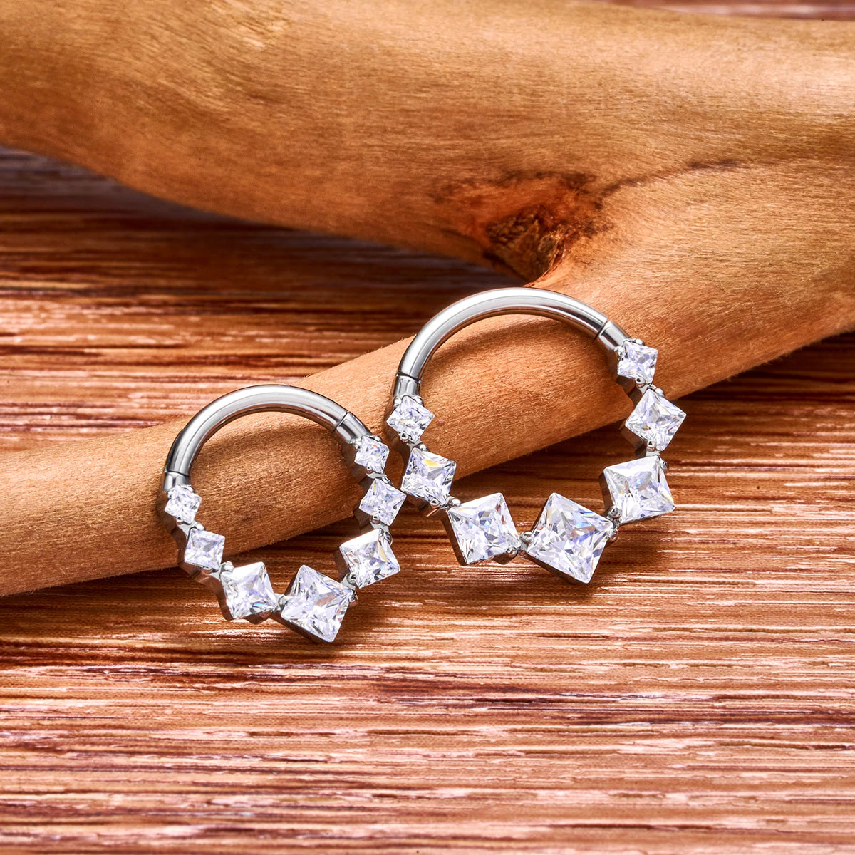 Gold daith earring with square clear pink or blue cz stones made of titanium in silver color 16G