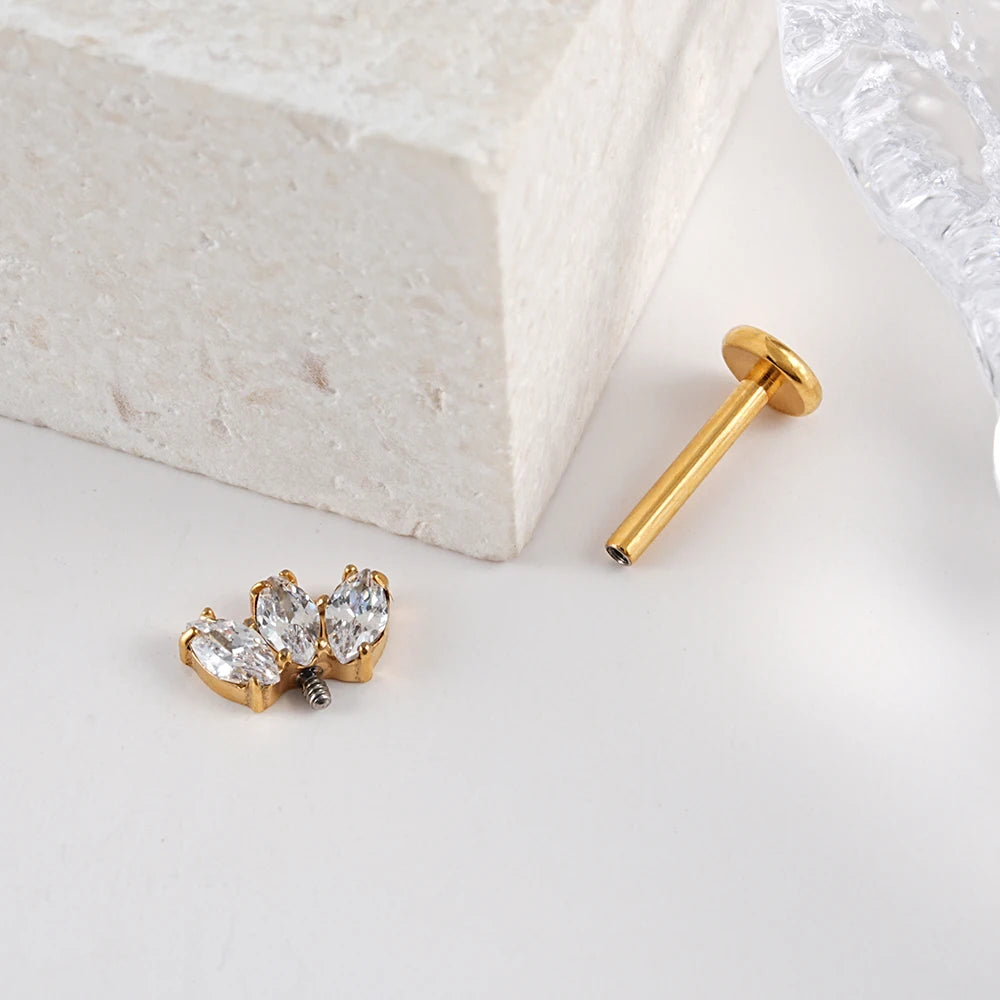 Vertical helix stud with three clear cz stones in gold and silver titanium stud earring 16G