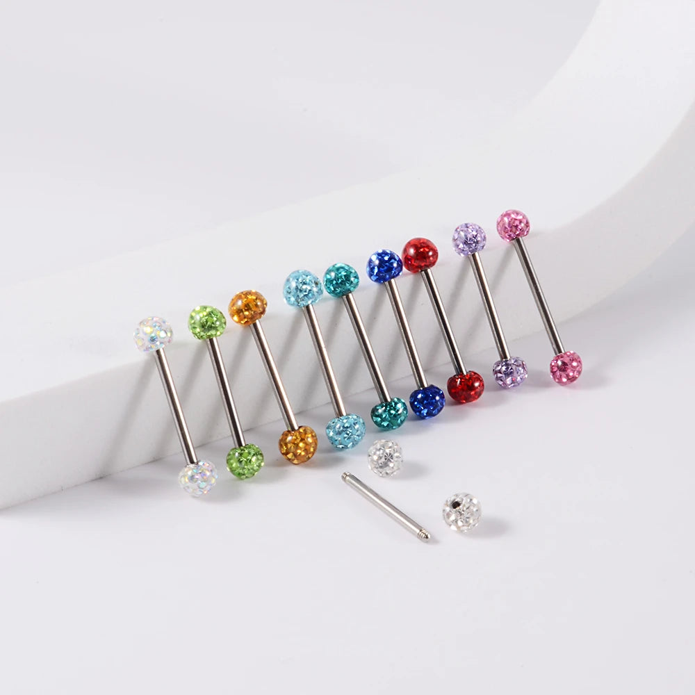 Beautiful industrial piercing with colorful crystal balls titanium industrial barbell tongue piercing jewelry
