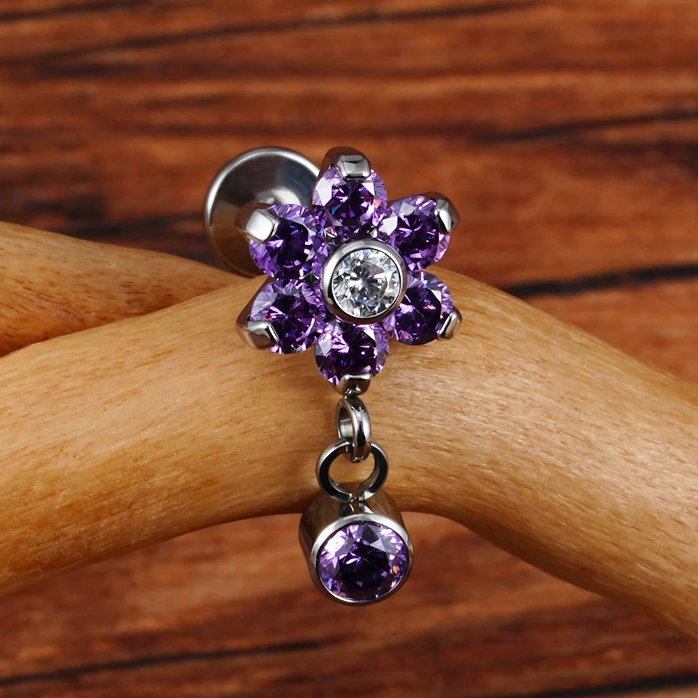 Flower helix earring with clear blue purple CZ titanium dangle earring 16G conch piercing