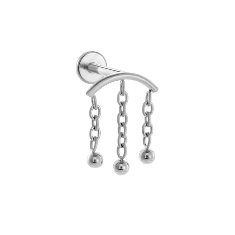 Floating helix chain earring with three chains and beads a curved bar ...