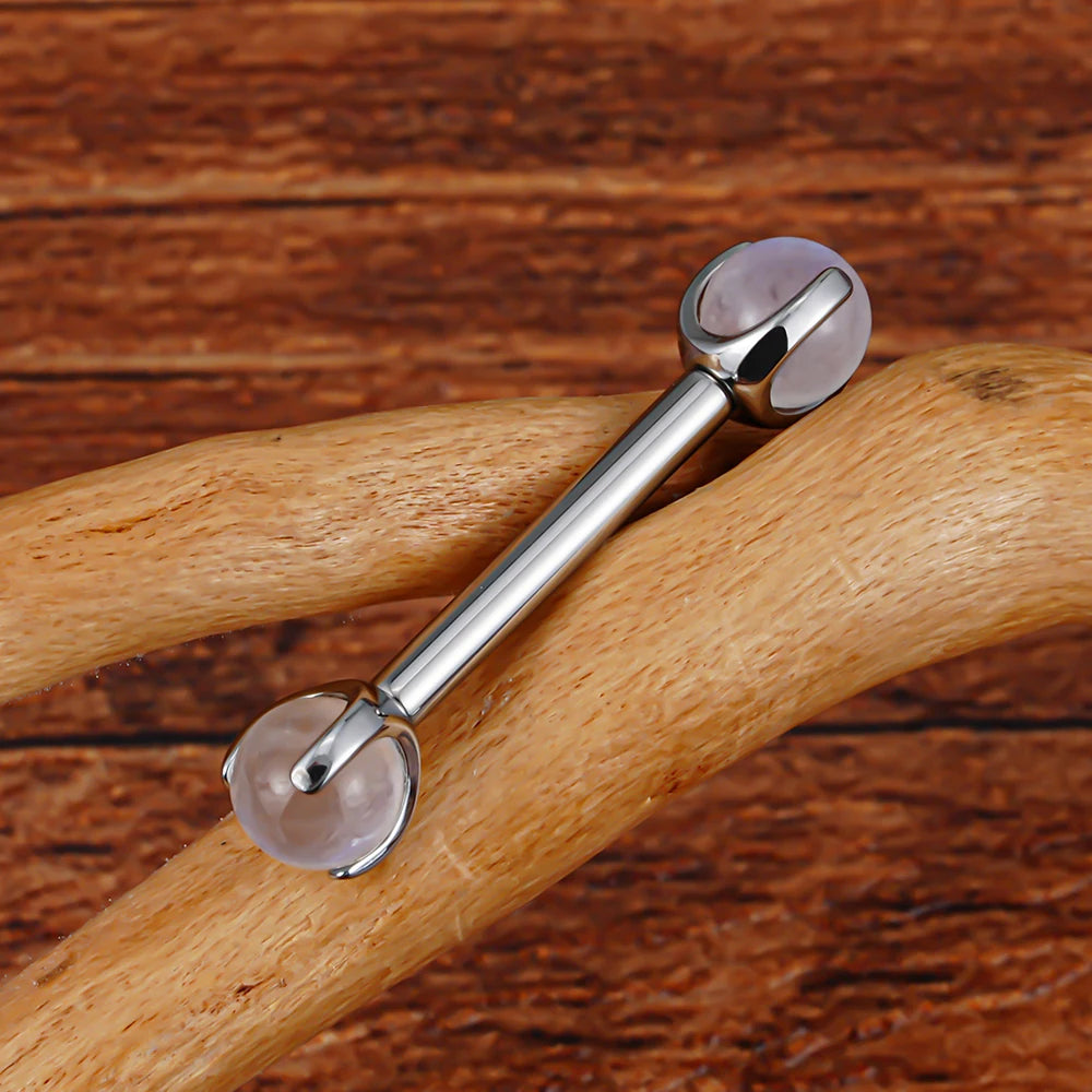 Barra de piercing de mamilo com pedras preciosas naturais titânio 14G barra reta com rosca interna 12mm 14mm 16mm 1 peça