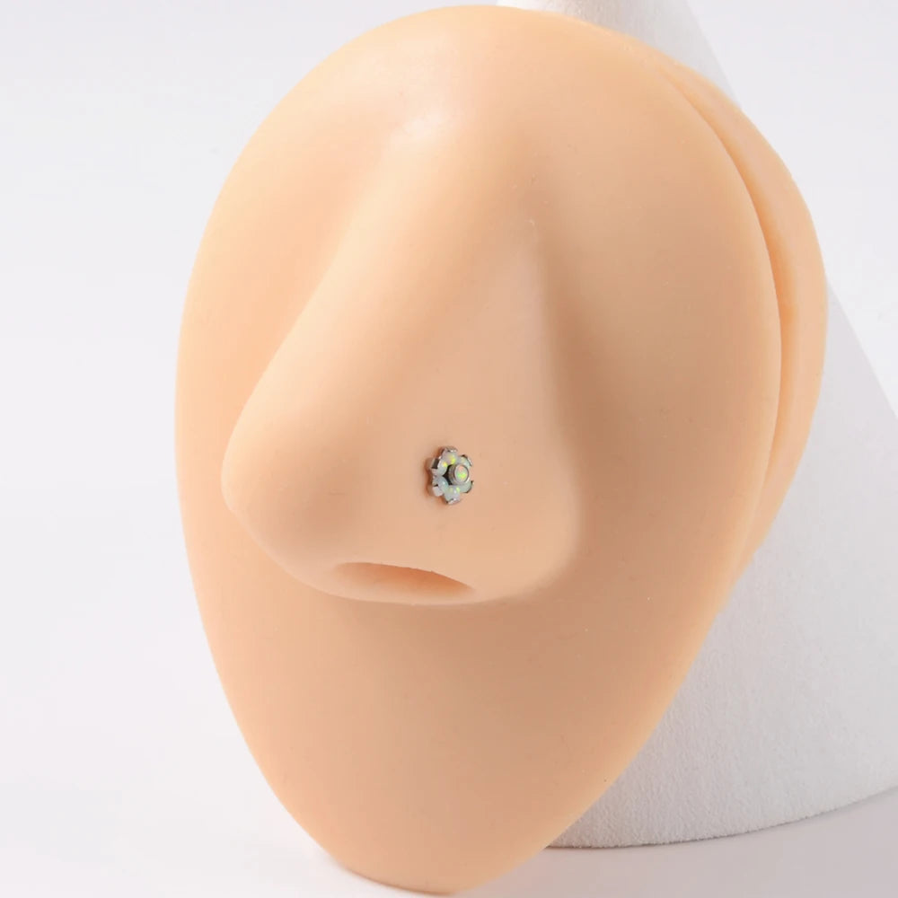 Tire-bouchon d'anneau de nez d'opale avec le clou de nez de fleur d'opale bleu rose blanc 20G titane