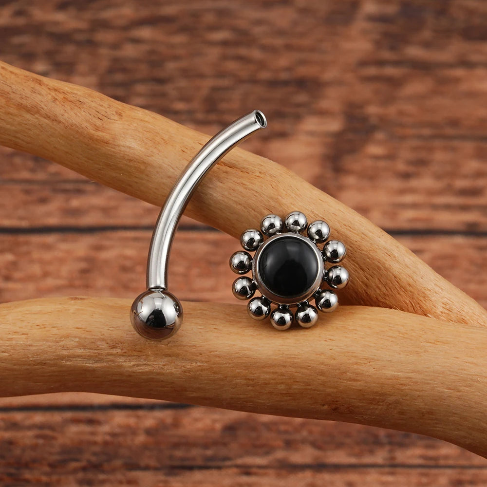 Gold rook piercing with a natural gemstone a black agate rook barbell titanium 16G flower rook earring