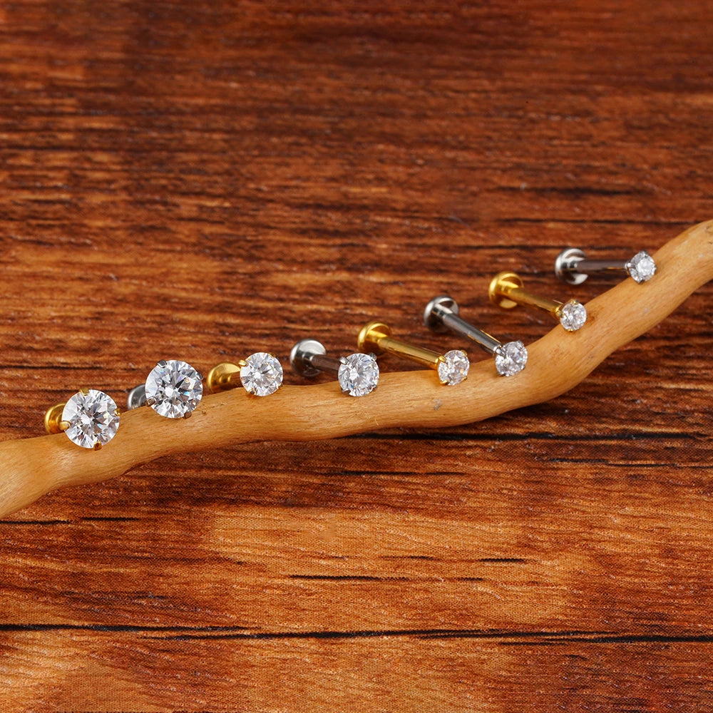 Threadless labret stud with a clear cz stone tiny and simple titanium 18G 16G