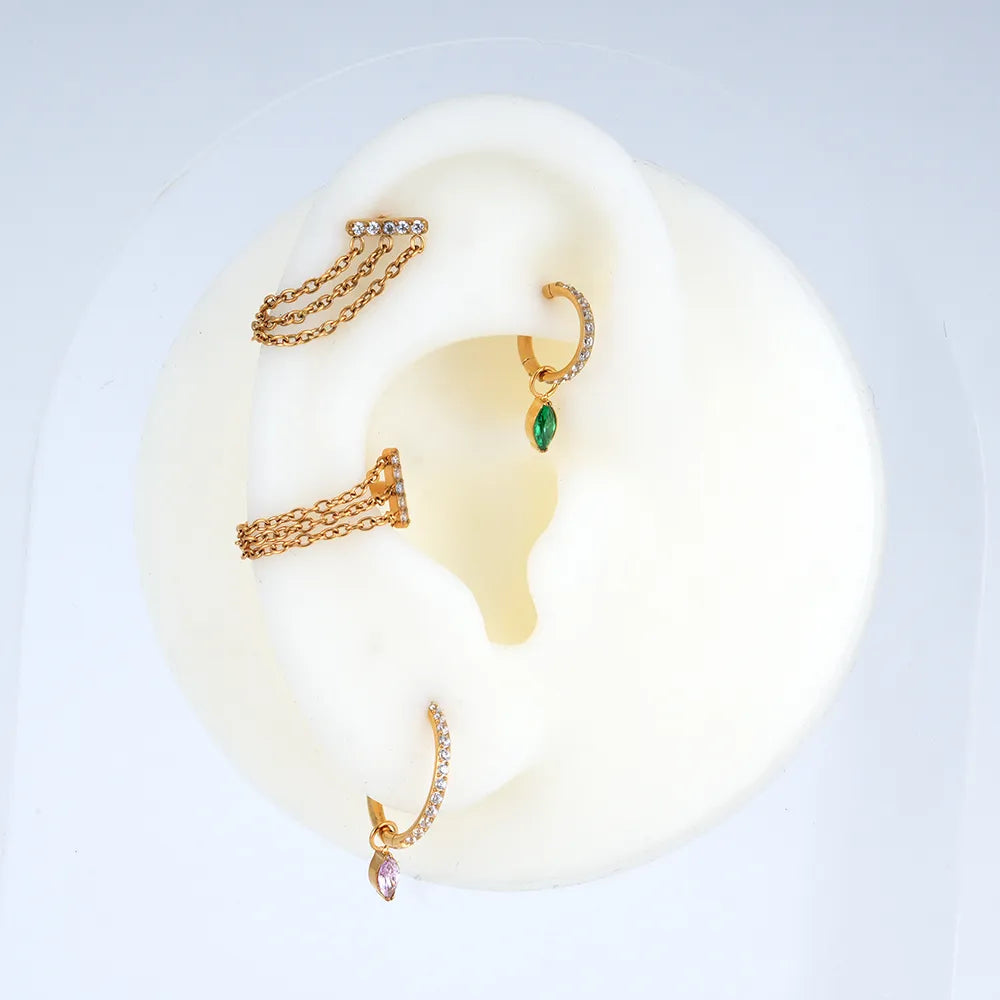 Muschelketten-Ohrring mit drei Ketten und Diamanten, 16G-Titan-Muschelohrstecker mit flacher Rückseite und Kette