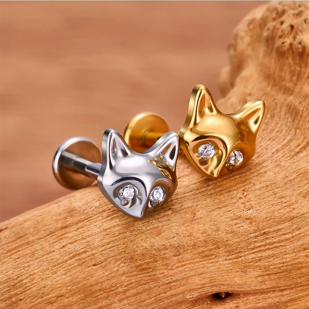 Fox stud titanium fox head stud earrings 16G cute nose studs
