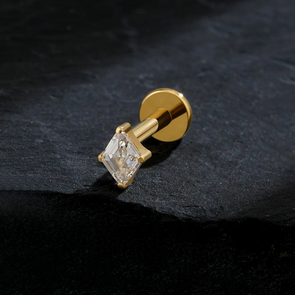 Trendy and cute ear piercing with a rhombus clear stone titanium labret stud