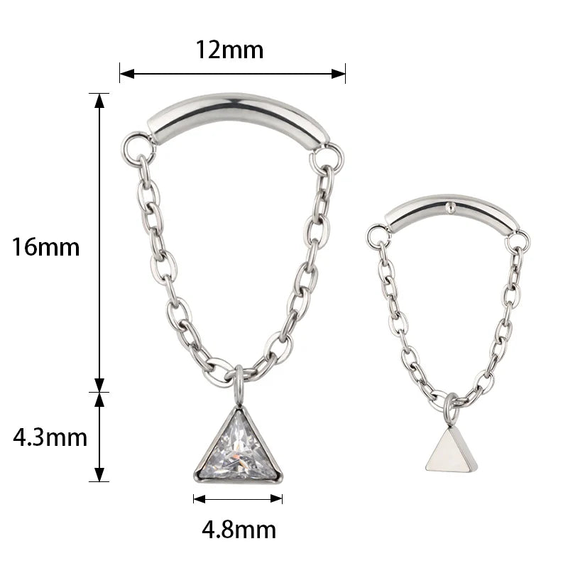 Hidden Helix dangle earring with a triangle clear stone and a chain titanium Floating Helix earring stud