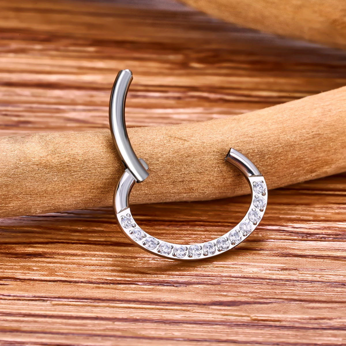 Oval septum ring with clear diamond cz stones titanium piercing hoop 16G