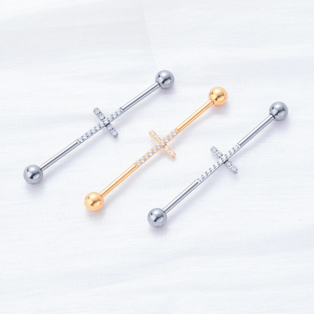 Cruz industrial piercing titanio barra industrial 16G 14G con una cruz 35mm 36mm 38mm con CZ barra industrial piercing oro plata