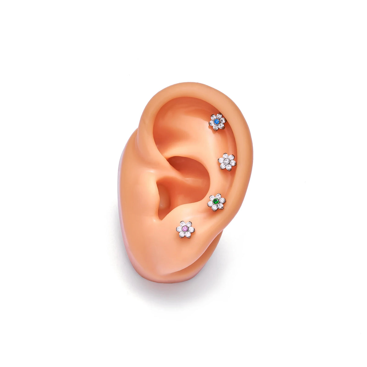 Flaches Knorpelpiercing in Blumenform mit buntem Labret-Ohrstecker aus 16G-Titan mit CZ