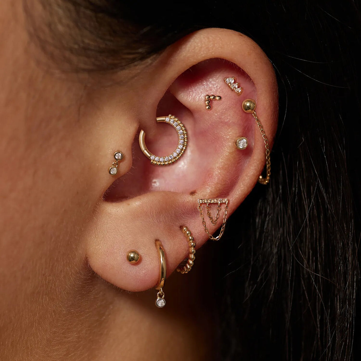 14K gold helix earring with chains conch earrings earlobe piercing jewelry labret stud