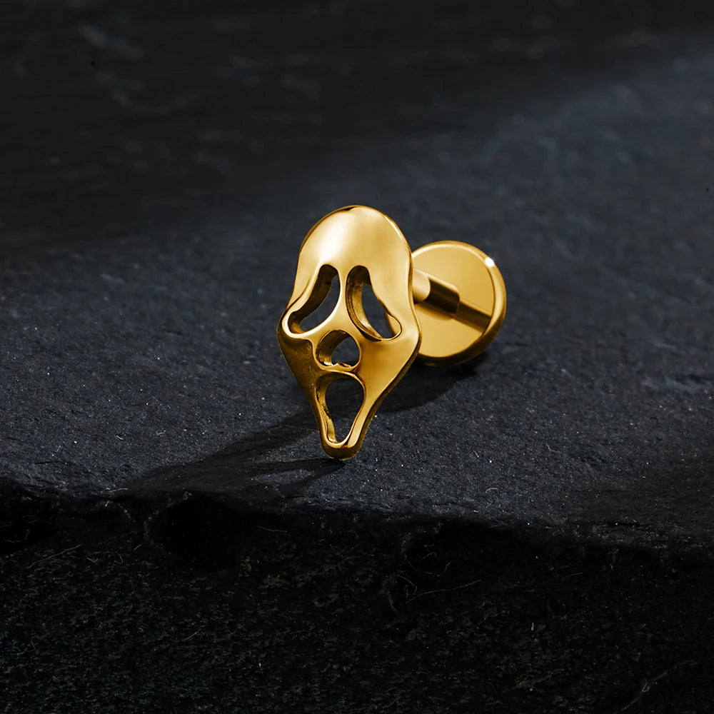 Screaming skull piericng in black silver and gold made of titanium ghost earring Halloween jewelry