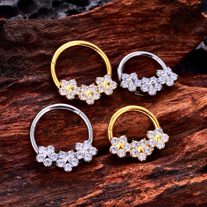 Flower septum ring 16G gold and silver titanium with CZ stones daith piercing jewelry nose rings