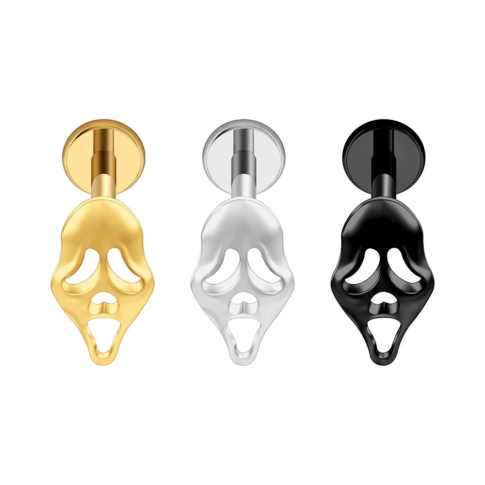 Screaming skull piericng in black silver and gold made of titanium ghost earring Halloween jewelry