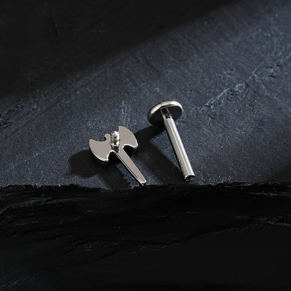 Double-bit axe piercing made of titanium unique stud earring
