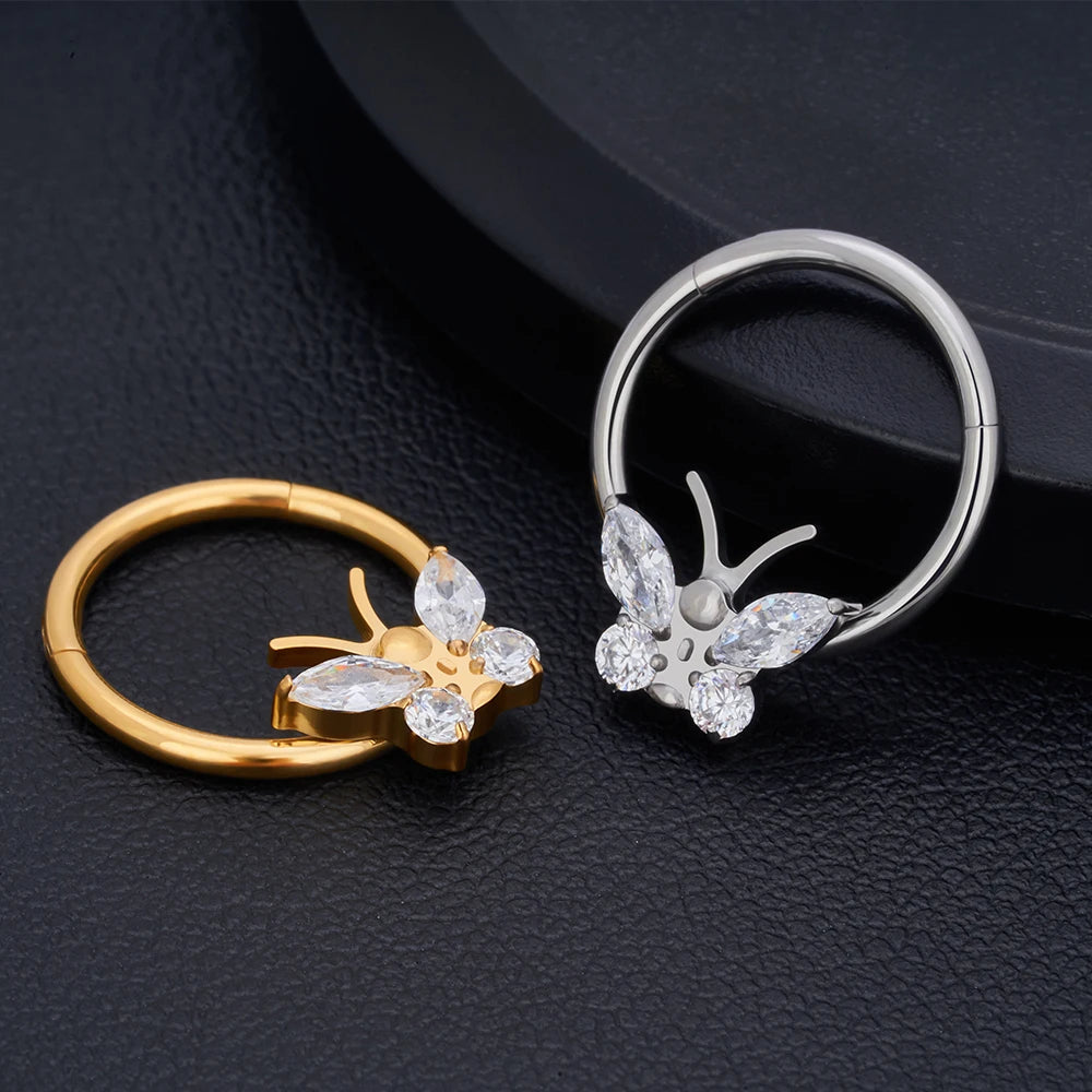 Butterfly nose ring gold silver with CZ stones septum piercing titanium nose clicker