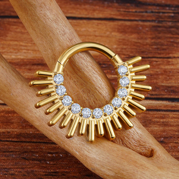 Gold daith piercing hoop with CZ stones titanium hinged clicker