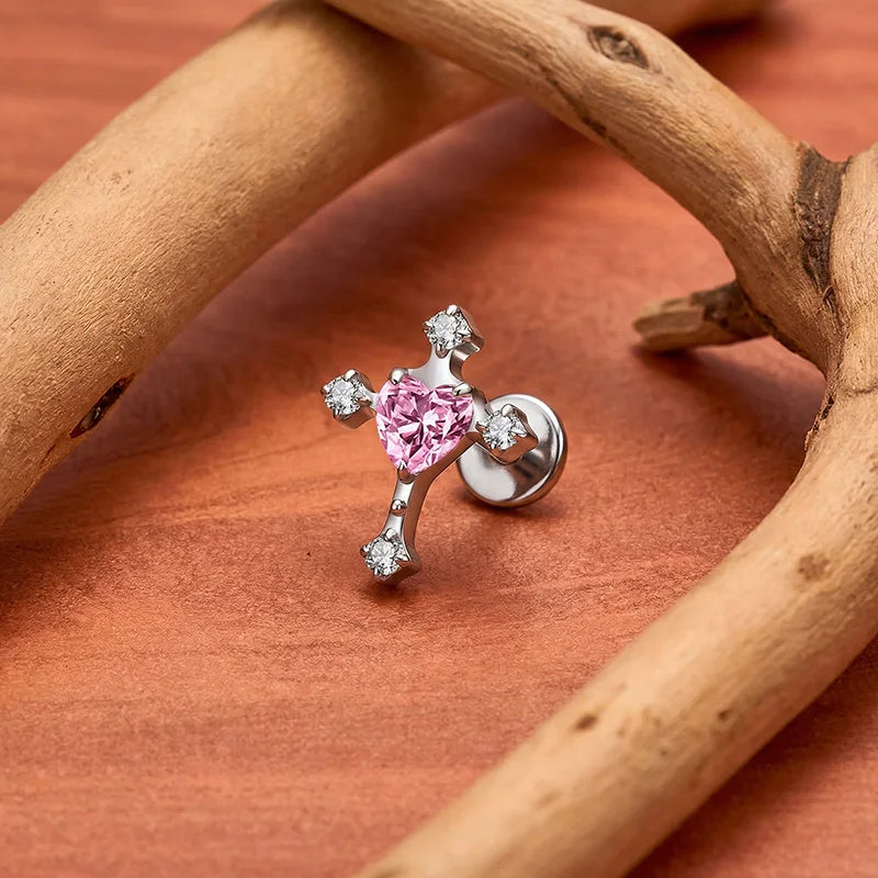 Cross stud earring with a heart-shaped cz stone gothic and punk