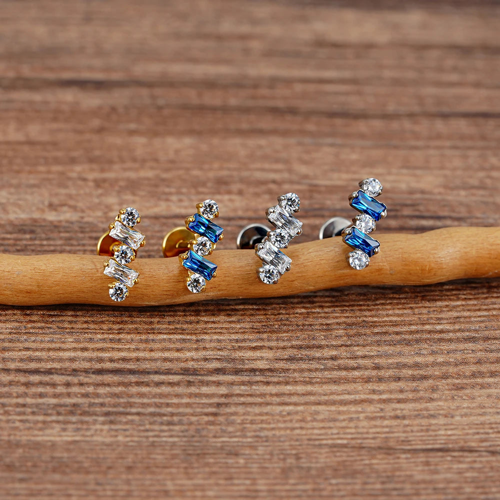 Piercing labret with baguette blue cz stones modern and elegant titanium 16G