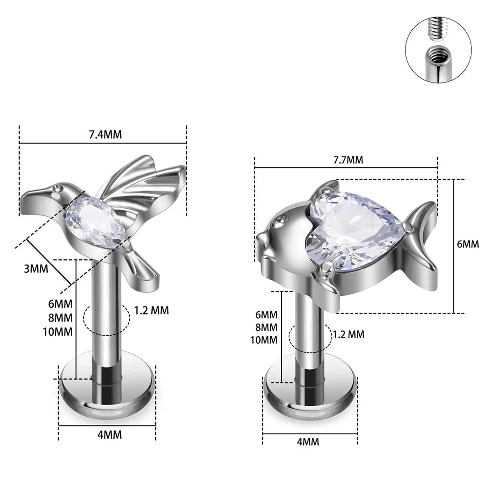 Fish stud with clear or red CZ titanium fish earring stud nose stud ...
