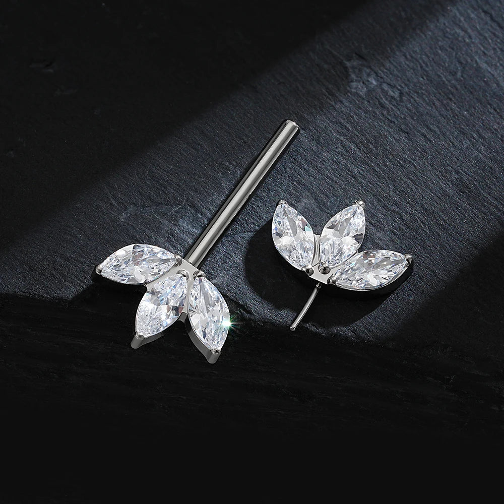 Gull brystvorte piercing med tre klare diamant cz steiner på hver side titan navlepiercing