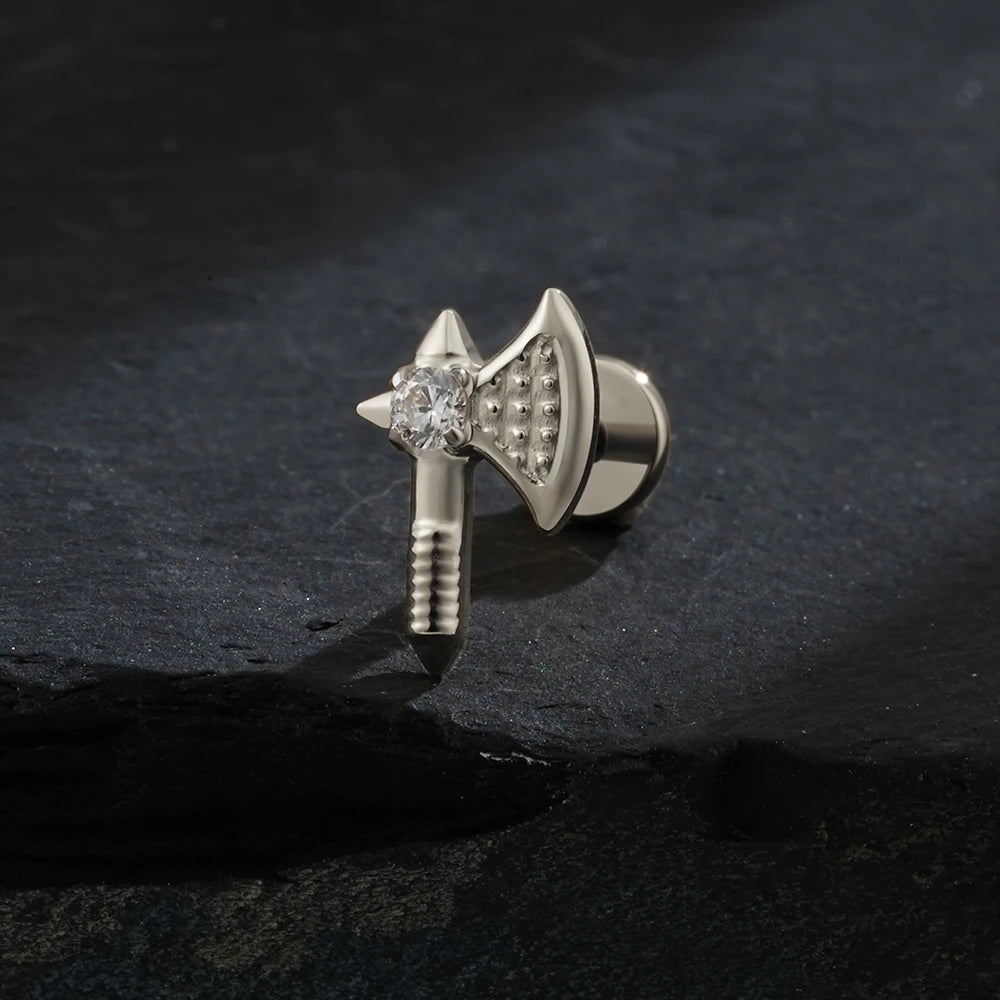 Axe piercing with a clear stone titanium hatchet labret stud gothic and punk Halloween
