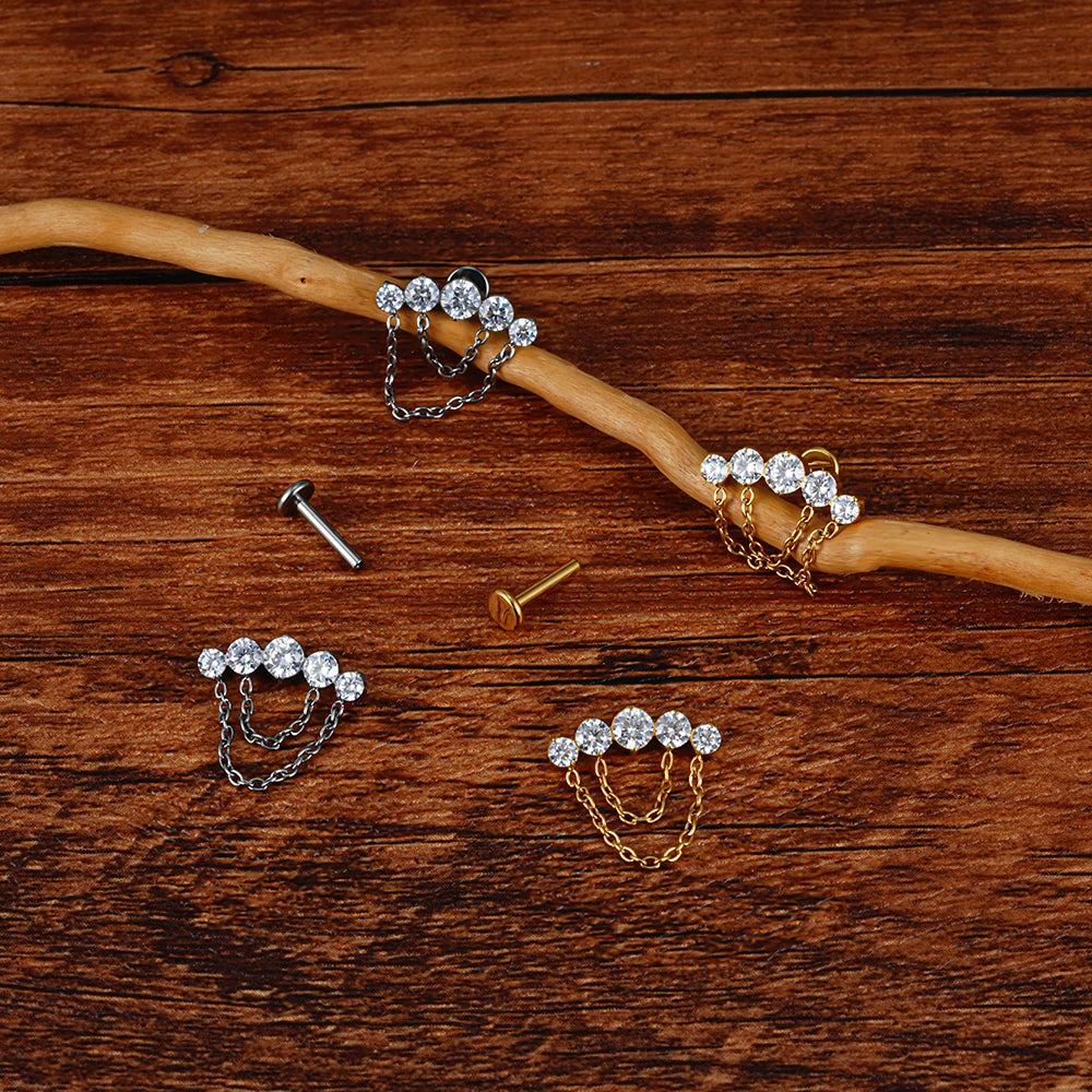 Zwevende helix oorbel in kroonluchterstijl met heldere zirkonia en kettingen titanium labret stud 16G