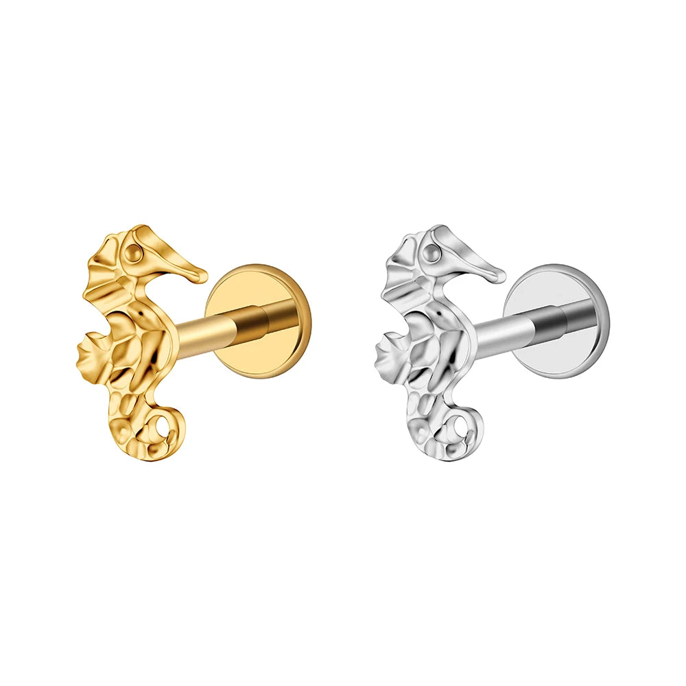 Zeepaardje oorknopje in zilver en goud titanium piercing stud 16G platte achterkant