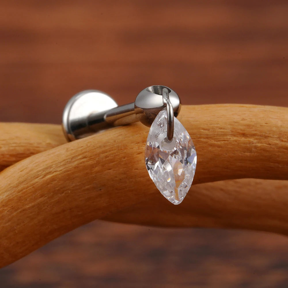 Dangle helix piercing with clear CZ titanium drop earring 16G conch piercing