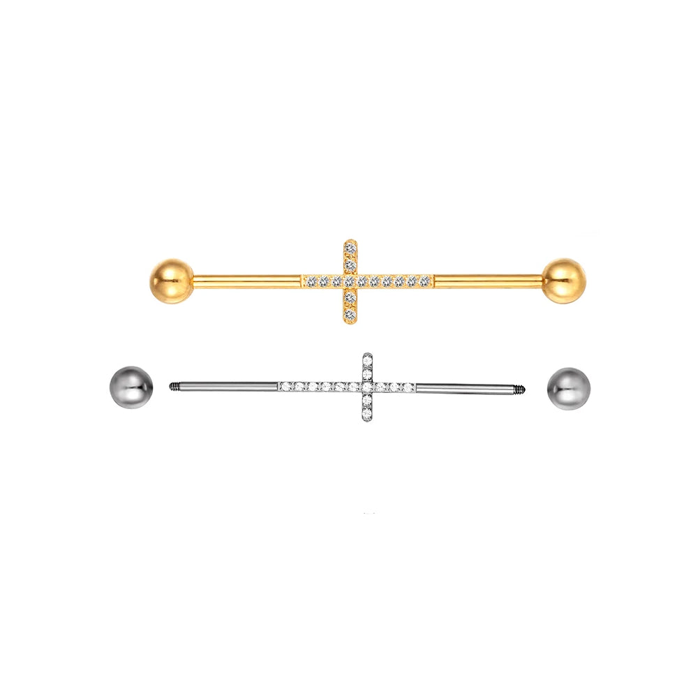 Titanium industrial barbell 16G 14G with a cross 35mm 36mm 38mm with CZ industrial bar piercing gold silver