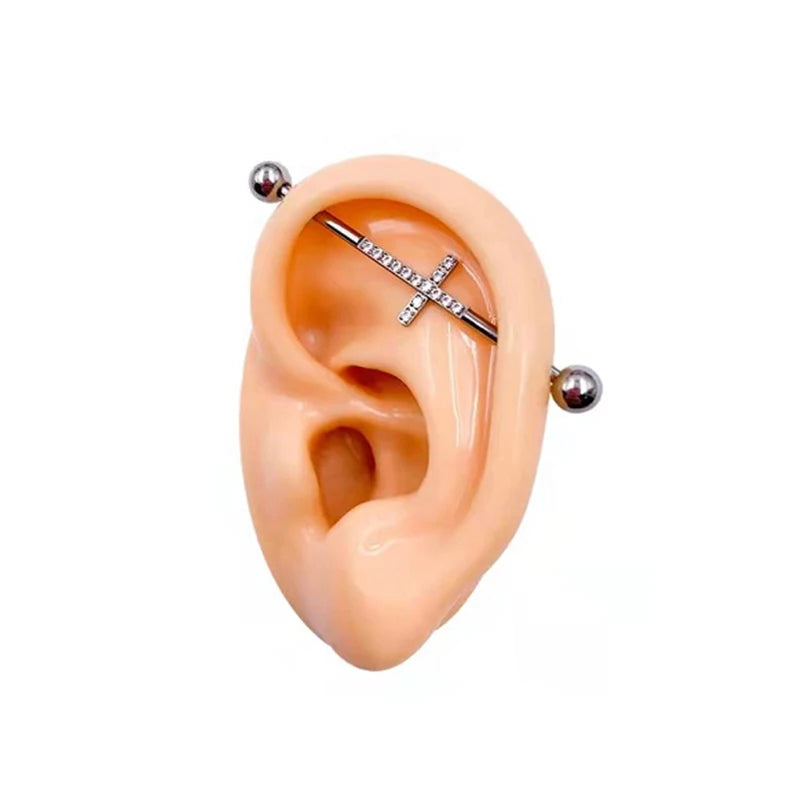 Cross industrial piercing titanium industrial barbell 16G 14G with a cross 35mm 36mm 38mm with CZ industrial bar piercing gold silver