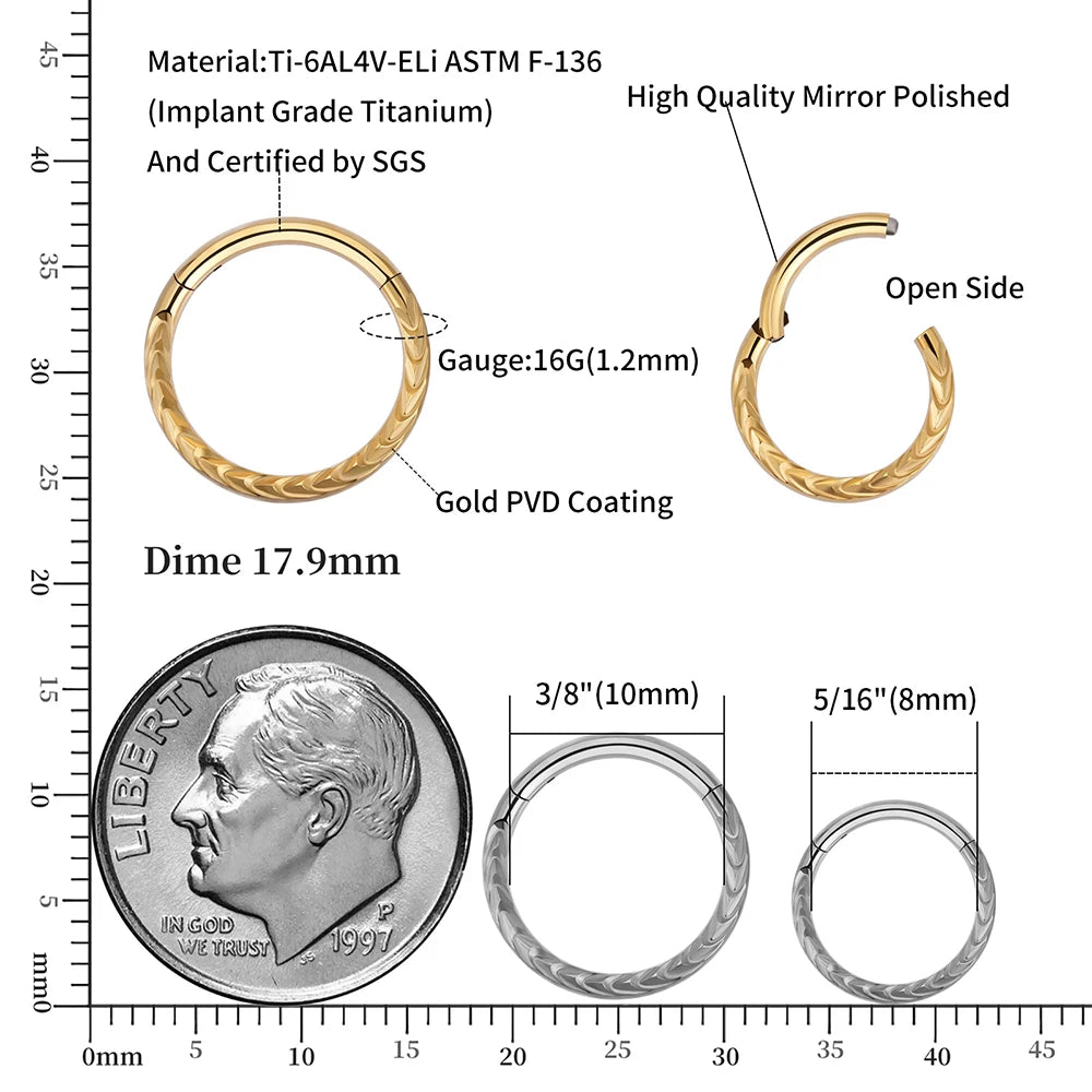 Anel daith de titânio com incrustações trançadas em ouro e prata anel clicker de septo 16G