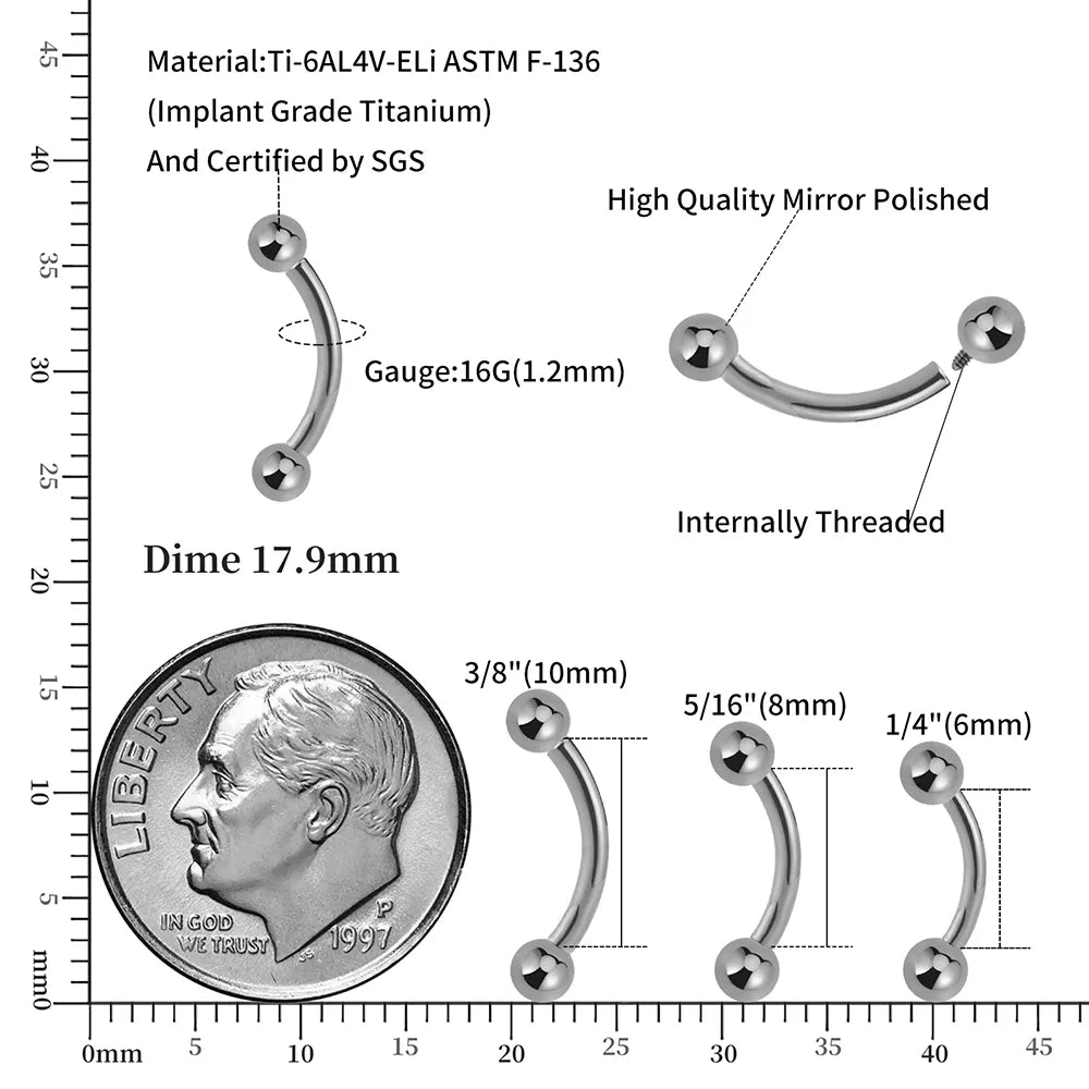 Piercing con barra curva ASTM F136 de titanio de grado implante con rosca interna