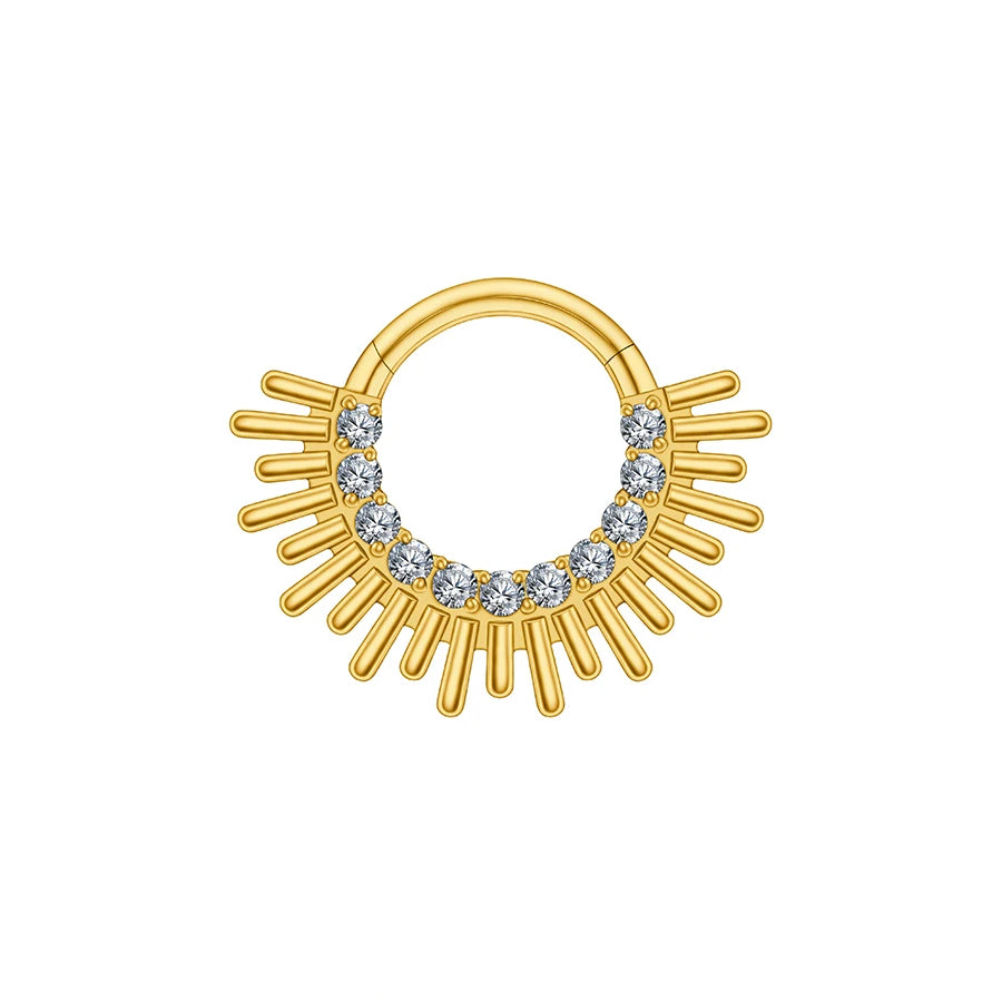 Cerchio per piercing daith in oro con anello setto con anello clicker incernierato in titanio con pietre CZ