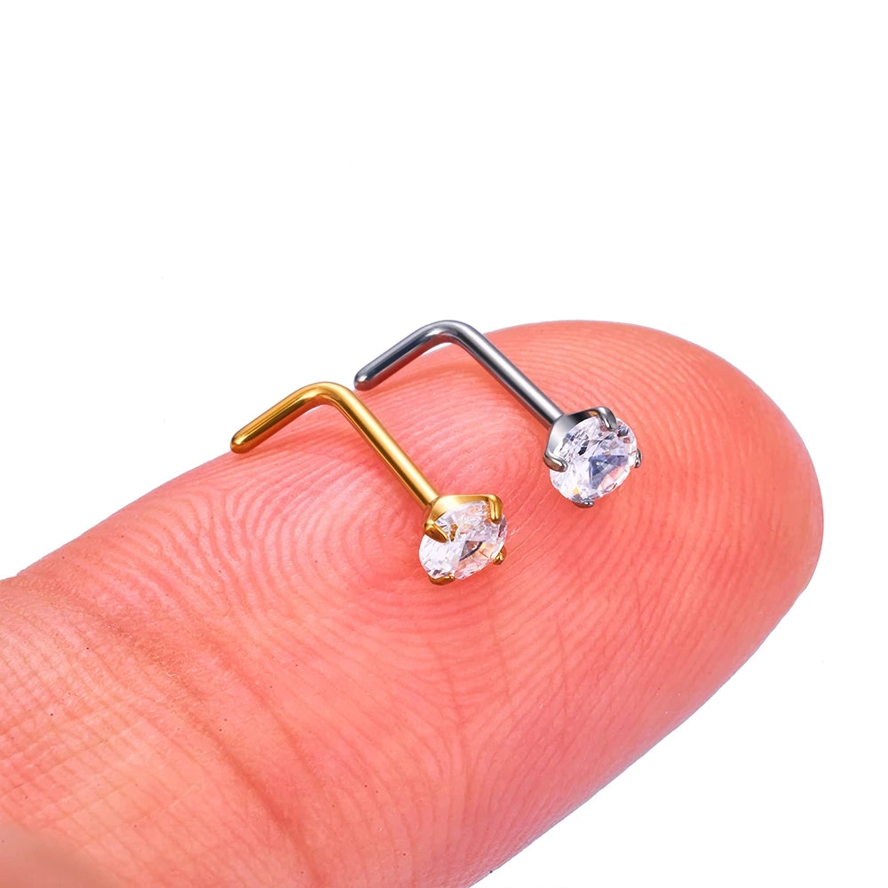 Borchia da naso a forma di L con anello da naso in oro e argento calibro 20 con diamante in titanio