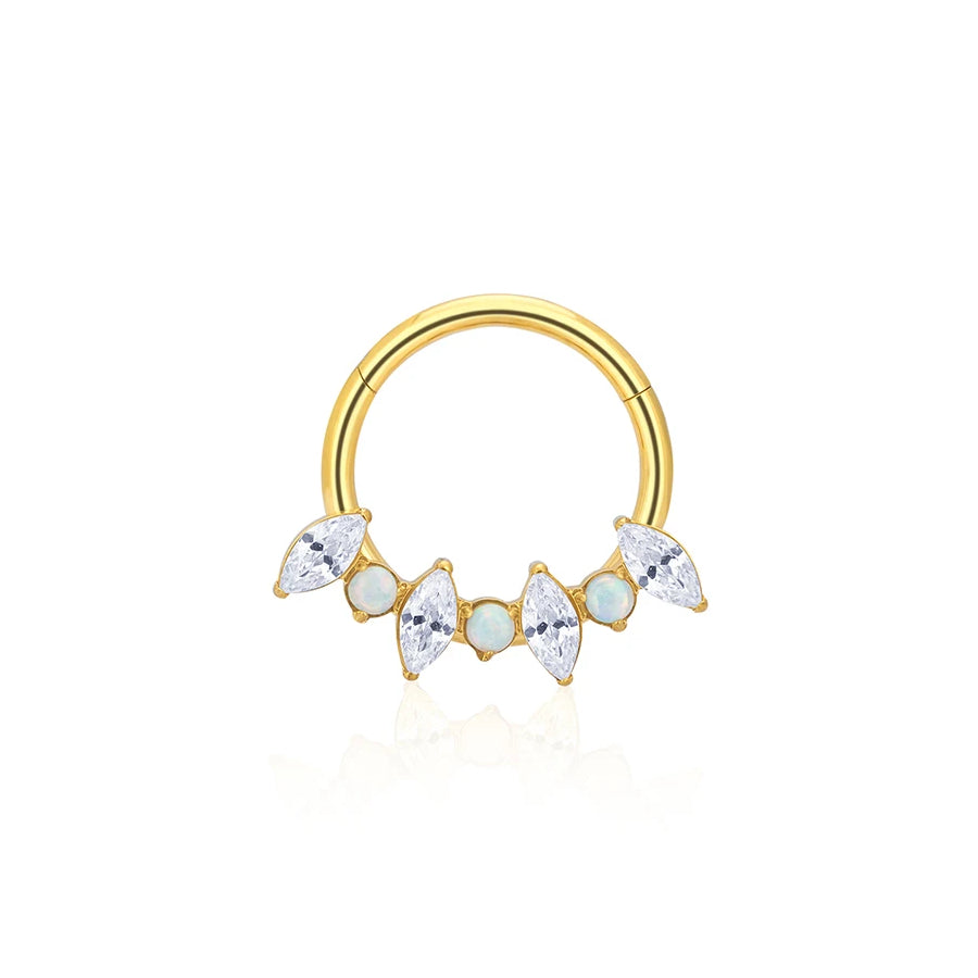 Opal-Septum-Klicker mit Nasenring aus 16G Titan aus weißem Opal, Gold und Silber mit aufklappbarem Klicker mit CZ-Steinen