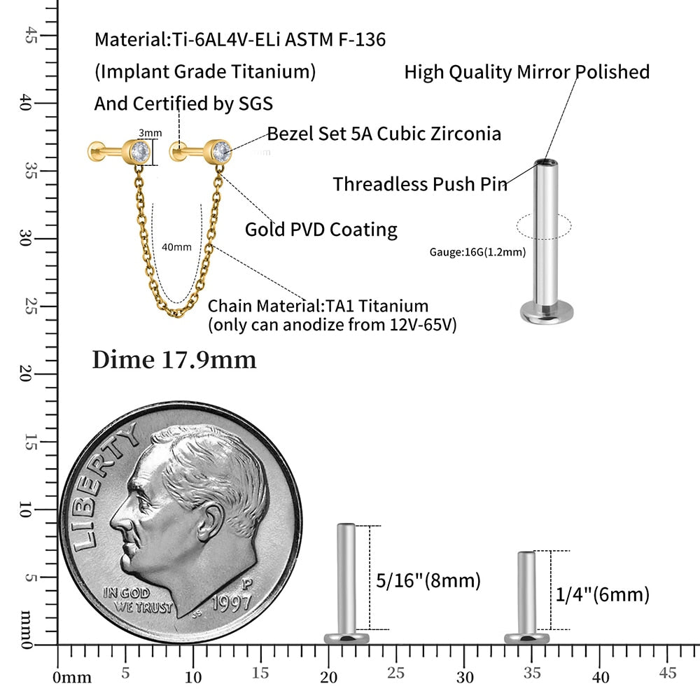 Helix chain earring implant-grade titanium threadless