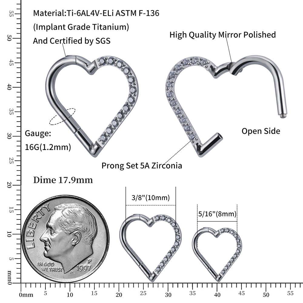 Piercing coeur daith en titane de qualité implantaire de calibre 16 avec CZ